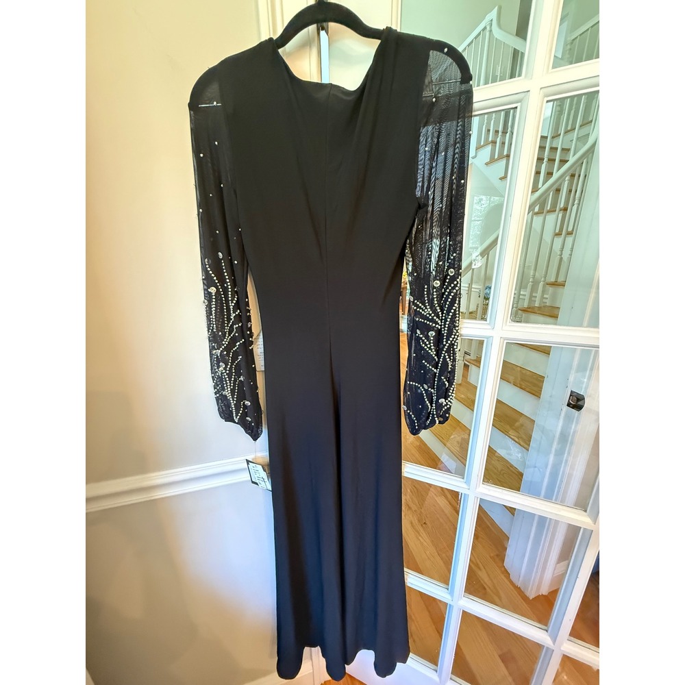 Marina Black Embellished Sheer Sleeve V-Neck Gown Slit Formal Dress Size S - Picture 10 of 10